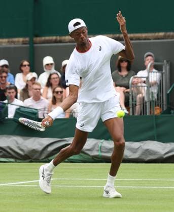 American Christopher Eubanks plays a forehand in his match against Australian Christopher O Connell on day six of the 2023 Wimbledon championships in London on Saturday, July 08, 2023.  LON2023070845 HUGOxPHILPOTT