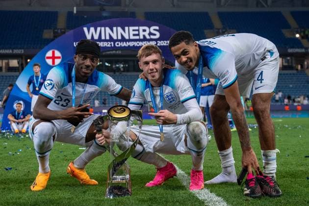 BATUMI, GEORGIA - JULY 8: Angel Gomes, Cole Palmer and Levi Colwill of England celebrate with trophy during the UEFA Under-21 Euro 2023 final match between England and Spain on July 8, 2023 on Adjarabet Arena in Batumi, G England v Spain - UEFA Under-21 Euro 2023 Final Copyright: xSebastianxFrej MBxMediax