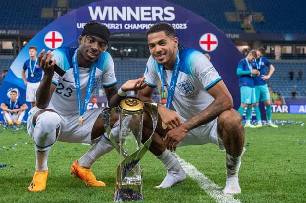BATUMI, GEORGIA - JULY 8: Noni Madueke and Levi Colwill of England celebrate with trophy during the UEFA Under-21 Euro 2023 final match between England and Spain on July 8, 2023 on Adjarabet Arena in Batumi, G England v Spain - UEFA Under-21 Euro 2023 Final Copyright: xSebastianxFrej MBxMediax