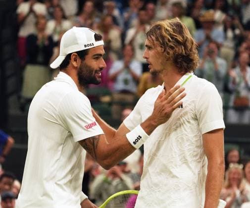 Tennis - 2023 Wimbledon Championships - Week One - Day Six - All England lawn Tennis & Racquet Club, Wimbledon - Saturday 8th Mens Singles - Alexander Zverev (GER) v Matteo Berrettini (ITA) Matteo Berrettini at the net after the match with Alexander Zverev 