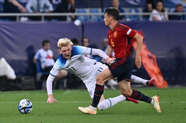 BATUMI, GEORGIA - JULY 8: Antonio Blanco of Spain and Anthony Gordon of England during the UEFA Under-21 Euro 2023 final match between England and Spain on July 8, 2023 on Adjarabet Arena in Batumi, G England v Spain - UEFA Under-21 Euro 2023 Final Copyright: xSebastianxFrejx