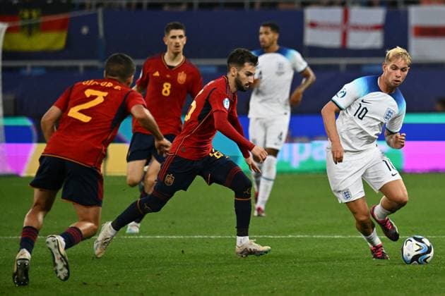 BATUMI, GEORGIA - JULY 8: Alex Baena of Spain and Emile Smith Rowe of England during the UEFA Under-21 Euro 2023 final match between England and Spain on July 8, 2023 on Adjarabet Arena in Batumi, G England v Spain - UEFA Under-21 Euro 2023 Final Copyright: xSebastianxFrejx