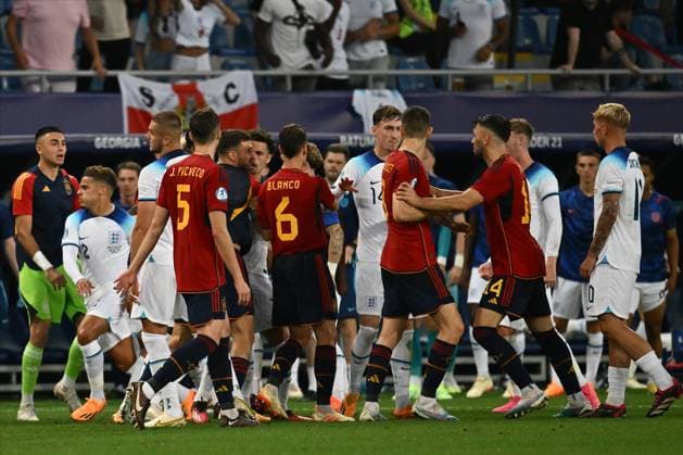BATUMI, GEORGIA - JULY 8: Players scuffle during the UEFA Under-21 Euro 2023 final match between England and Spain on July 8, 2023 on Adjarabet Arena in Batumi, G England v Spain - UEFA Under-21 Euro 2023 Final Copyright: xSebastianxFrejx