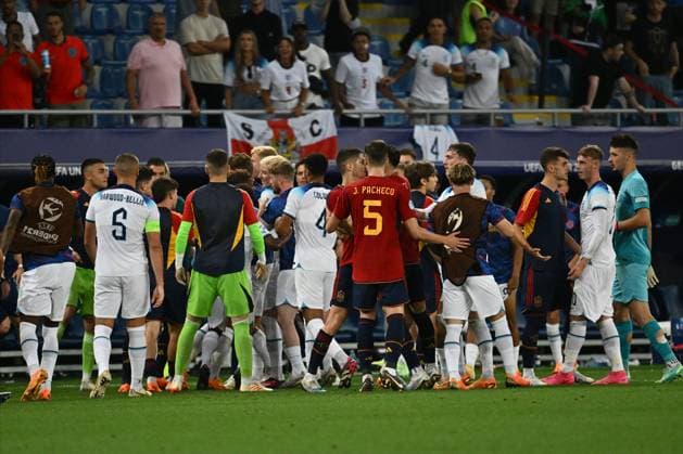 BATUMI, GEORGIA - JULY 8: Players scuffle during the UEFA Under-21 Euro 2023 final match between England and Spain on July 8, 2023 on Adjarabet Arena in Batumi, G England v Spain - UEFA Under-21 Euro 2023 Final Copyright: xSebastianxFrejx