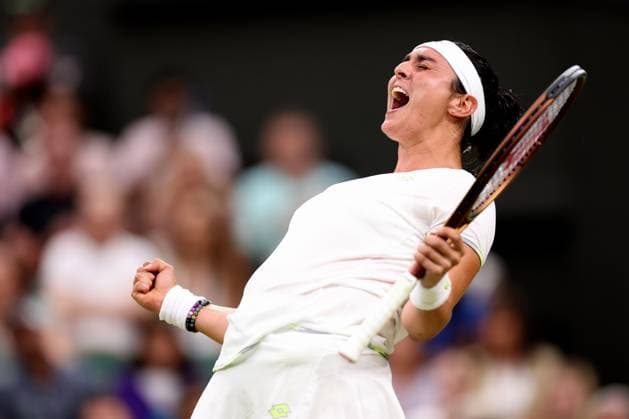 8th July 2023; All England Lawn Tennis and Croquet Club, London, England: Wimbledon Tennis Tournament; Ons Jabeur celebrates as she wins the match against Bianca Andreescu  ActionPlus12528999 ShaunxBrooks
