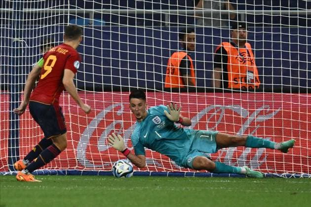 BATUMI, GEORGIA - JULY 8: James Trafford of England saves penalty and Abel Ruiz of Spain during the UEFA Under-21 Euro 2023 final match between England and Spain on July 8, 2023 on Adjarabet Arena in Batumi, G England v Spain - UEFA Under-21 Euro 2023 Final Copyright: xSebastianxFrejx