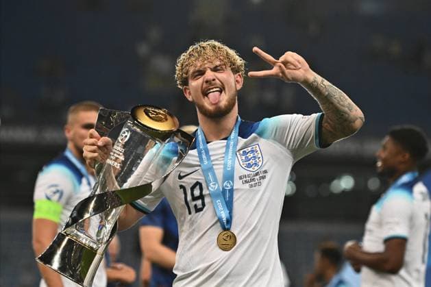 BATUMI, GEORGIA - JULY 8: Harvey Elliott of England celebrates with the trophy after winning the UEFA European Under-21 Championship final match between England and Spain on July 8, 2023 on Adjarabet Arena in Batumi, G England v Spain - UEFA Under-21 Euro 2023 Final Copyright: xSebastianxFrejx