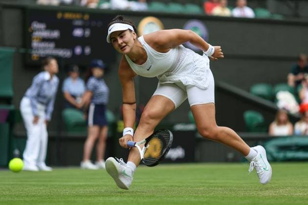 Wimbledon: Day Six 8 July 2023, Wimbledon - Wimbledon Tennis Championships - Day Six - Bianca Andreescu (CAN) misses the ball during her Ladies Singles match against Ons Jabeur (TUN) - Photo: Charlotte Wilson Offside. Wimbledon UK Copyright: xCharlottexWilsonx xOffsidexOffside