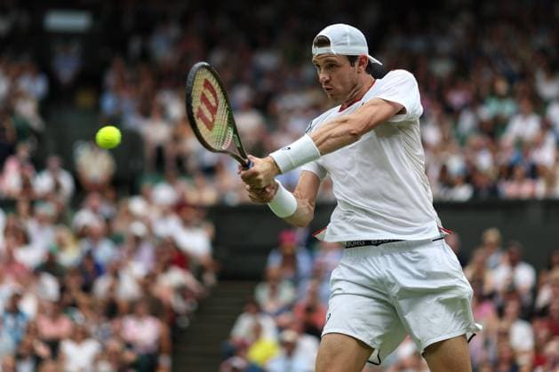 Wimbledon: Day Six 8 July 2023, Wimbledon - Wimbledon Tennis Championships - Day Six - Nicolas Jarry (CHI) plays a two-handed backhand - Photo: Charlotte Wilson Offside. Wimbledon UK Copyright: xCharlottexWilsonx xOffsidexOffside