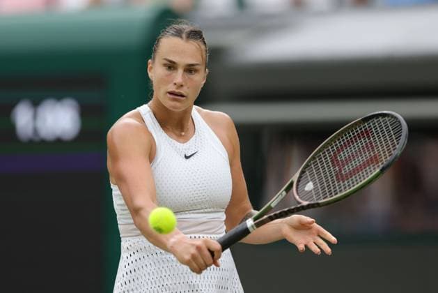 Aryna Sabalenka, BLR, during rain delayed second round of 2023 All England Lawn Tennis Championships at Wimbledon, womens singles, London, 08 07 2023; -