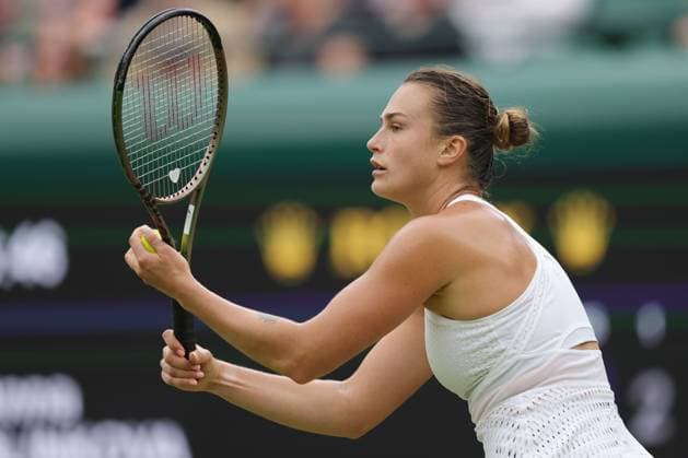 Aryna Sabalenka, BLR, during rain delayed second round of 2023 All England Lawn Tennis Championships at Wimbledon, womens singles, London, 08 07 2023; -