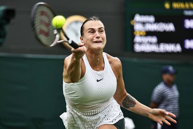 Aryna Sabalenka, BLR, during rain delayed second round of 2023 All England Lawn Tennis Championships at Wimbledon, womens singles, London, 08 07 2023; -