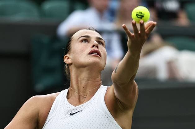 Aryna Sabalenka, BLR, during rain delayed second round of 2023 All England Lawn Tennis Championships at Wimbledon, womens singles, London, 08 07 2023; -