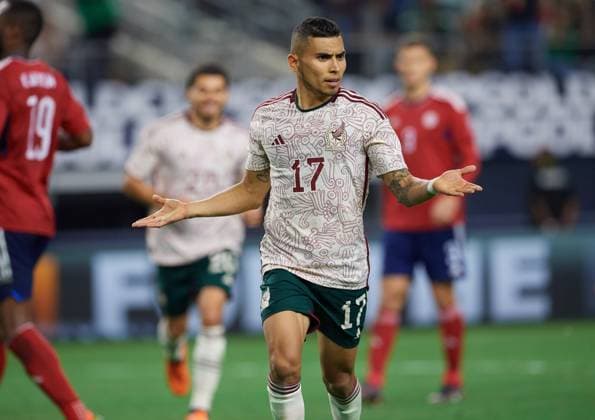 RECORD DATE NOT STATED 2023 CONCACAF Gold Cup Mexico vs Costa Rica CF Orbelin Pineda celebrates his goal 1-0 of Mexico during the game Mexico (Mexican national team, Nationalteam vs Costa Rica, corresponding to Quarterfinals of the CONCACAF Gold Cup 2023, at AT-T Stadium, on July 08, 2023. <br><br> Orbelin Pineda celebra su gol 1-0 de Mexico durante el partido Mexico (Seleccion Nacional Mexicana) vs Costa Rica, correspondiente a cuartos de Final de la Copa Oro de la CONCACAF 2023, en el AT-T Stadium, el 08 de Julio de 2023. ARLINGTON TEXAS ESTADOS UNIDOS  Copyright: xDavidxLeahx 20230708223527_CGC_CF_MEX_CRC_PINEDA211