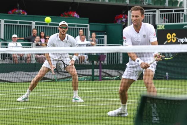 Wimbledon: Day Seven 9 July 2023, Wimbledon - Wimbledon Tennis Championships - Day Seven - Jamie Murray (GBR) and doubles partner Michael Venus (NZL) - Photo: Charlotte Wilson Offside. Wimbledon UK Copyright: xCharlottexWilsonx xOffsidexOffside