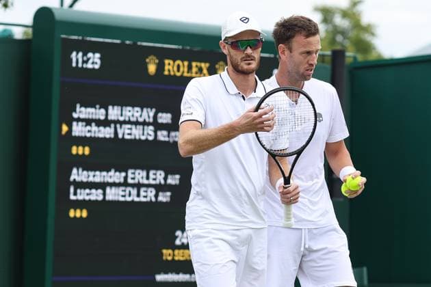 Wimbledon: Day Seven 9 July 2023, Wimbledon - Wimbledon Tennis Championships - Day Seven - Jamie Murray (GBR) and doubles partner Michael Venus (NZL) - Photo: Charlotte Wilson Offside. Wimbledon UK Copyright: xCharlottexWilsonx xOffsidexOffside