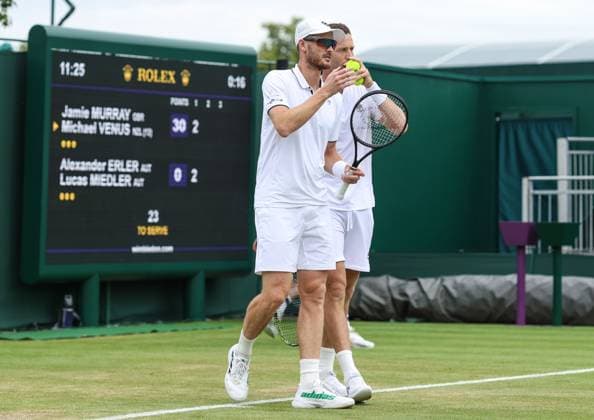 Wimbledon: Day Seven 9 July 2023, Wimbledon - Wimbledon Tennis Championships - Day Seven - Jamie Murray (GBR) and doubles partner Michael Venus (NZL) - Photo: Charlotte Wilson Offside. Wimbledon UK Copyright: xCharlottexWilsonx xOffsidexOffside