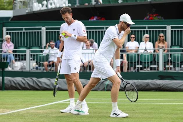Wimbledon: Day Seven 9 July 2023, Wimbledon - Wimbledon Tennis Championships - Day Seven - Michael Venus (NZL) and doubles partner Jamie Murray (GBR) - Photo: Charlotte Wilson Offside. Wimbledon UK Copyright: xCharlottexWilsonx xOffsidexOffside