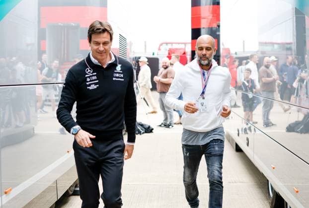 Toto Wolff (AUT, Mercedes-AMG Petronas F1 Team), Pep Guardiola, F1 Grand Prix of Great Britain at Silverstone Circuit on July 9, 2023 in Silverstone, Great Britain. (Photo by HOCH ZWEI) Silverstone Great Britain
