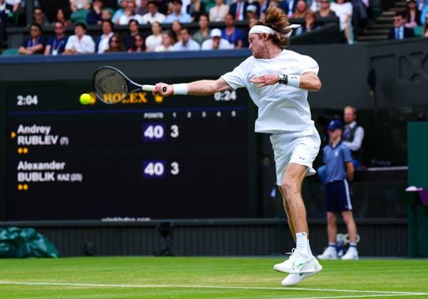 Mandatory Credit: Photo by Javier Garcia Shutterstock (14003010bu) Andrey Rublev during his fourth round match Wimbledon Tennis Championships, Day 7, The All England Lawn Tennis and Croquet Club, London, UK - 09 Jul 2023 Wimbledon Tennis Championships, Day 7, The All England Lawn Tennis and Croquet Club, London, UK - 09 Jul 2023  Copyright: xJavierxGarcia Shutterstockx 14003010bu