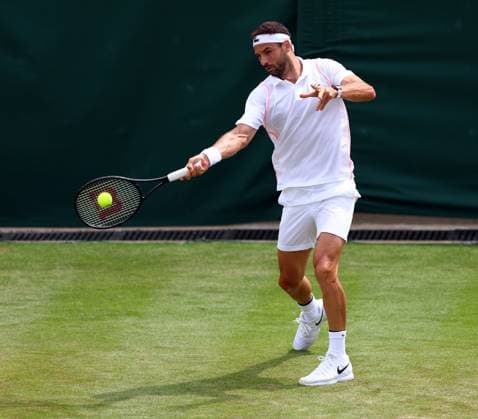 Mandatory Credit: Photo by Simon Dael Shutterstock (14003009ba) Grigor Dimitrov during his third round match Wimbledon Tennis Championships, Day 7, The All England Lawn Tennis and Croquet Club, London, UK - 09 Jul 2023 Wimbledon Tennis Championships, Day 7, The All England Lawn Tennis and Croquet Club, London, UK - 09 Jul 2023  Copyright: xSimonxDael Shutterstockx 14003009ba
