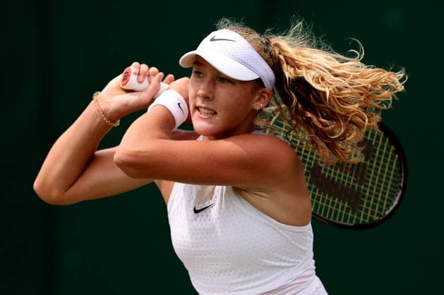 9th July 2023; All England Lawn Tennis and Croquet Club, London, England: Wimbledon Tennis Tournament; Mirra Andreeva plays a backhand shot to Anastasia Potapova  ActionPlus12529230 ShaunxBrooks
