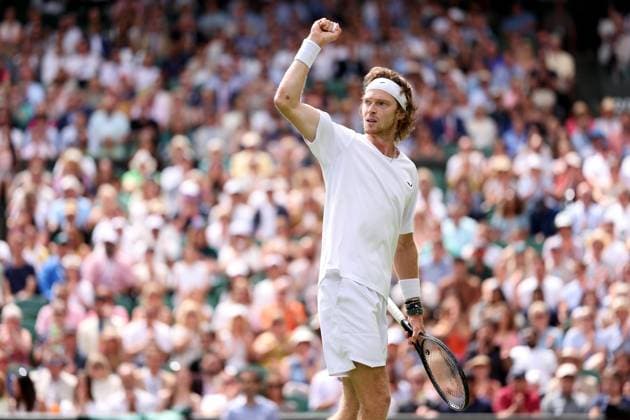 9th July 2023; All England Lawn Tennis and Croquet Club, London, England: Wimbledon Tennis Tournament; Andrey Rublev celebrates a point during his match with Alexander Bublik  ActionPlus12529256 ShaunxBrooks