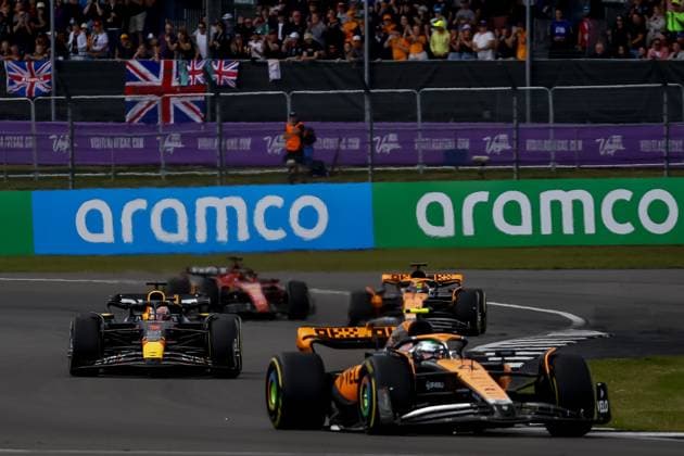SILVERSTONE - Max Verstappen (Red Bull Racing), Charles Leclerc (Ferrari), Oscar Piastri (McLaren) and Lando Norris (McLaren) during the Grand Prix of Great Britain at the Silverstone Circuit. ANP SEM VAN DER WAL F1 Grand Prix of Great Britain 2023 xVIxANPxSportx xxANPxIVx 473326164 originalFilename: 473326164.jpg