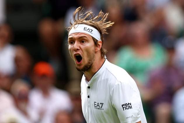 Mandatory Credit: Photo by Simon Dael Shutterstock (14003009cs) Alexander Bublik celebrates during his fourth round match Wimbledon Tennis Championships, Day 7, The All England Lawn Tennis and Croquet Club, London, UK - 09 Jul 2023 Wimbledon Tennis Championships, Day 7, The All England Lawn Tennis and Croquet Club, London, UK - 09 Jul 2023  Copyright: xSimonxDael Shutterstockx 14003009cs