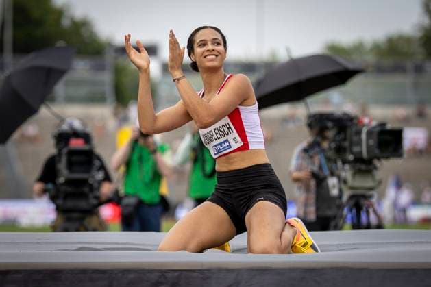 Sport Themen der Woche KW27 Deutsche Leichtathletik-Meisterschaften; Kassel, 09.07.2023 Deutsche Hochsprung-Meisterin Marie Laurence Jungfleisch (VfB Stuttgart 1893); Deutsche Leichtathletik-Meisterschaften am 09.07.2023 im Auestadion, Kassel (Hessen). *** German Athletics Championships Kassel, 09 07 2023 German High Jump Champion Marie Laurence Jungfleisch VfB Stuttgart 1893 German Athletics Championships on 09 07 2023 at Auestadion, Kassel Hesse Copyright: xBEAUTIFULxSPORTS AxelxKohringx