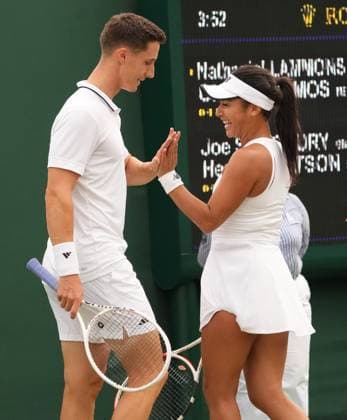 Tennis - 2023 Wimbledon Championships - Week One - Day Seven - All England lawn Tennis & Racquet Club, Wimbledon - Sunday 9th Mixed Doubles - Joe Salisbury and Heather Watson (GBR) v Nathaniel Gammons (USA) v Giuliana Olmos (MEX) Joe Salisbury and Heather Watson (GBR) 