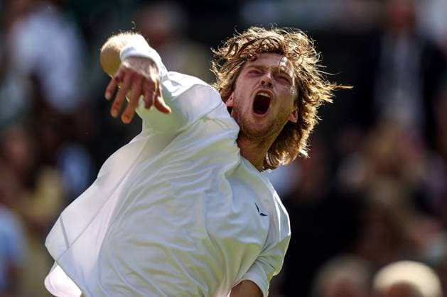 Wimbledon: Day Seven 9 July 2023, Wimbledon - Wimbledon Tennis Championships - Day Seven - Andrey Rublev shouts skyward after his victory over Alexander Bublik (KAZ) - Photo: Charlotte Wilson Offside. Wimbledon UK Copyright: xCharlottexWilsonx xOffsidexOffside