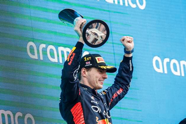 VERSTAPPEN Max (ned), Red Bull Racing RB19, portrait podium celebration during the 2023 Formula 1 Aramco British Grand Prix, 10th round of the 2023 Formula One World Championship, WM, Weltmeisterschaft from July 7 to 9, 2023 on the Silverstone Circuit, in Silverstone, United Kingdom - F1 - BRITISH GRAND PRIX 2023 - RACE DPPI Panoramic  03323013__R3_1869 