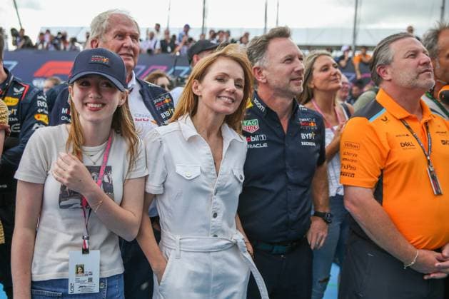 FORMULA 1 ARAMCO BRITISH GRAND PRIX 2023, 09 07 2023 Team Principal Christian Horner, Red Bull Racing with Geri Halliwell-Horner and daughter, Zak Brown watch Max Verstappen 1 (NED), HONDA Red Bull Racing RB19 celebrate (not in picture) during the FORMULA 1 ARAMCO BRITISH GRAND PRIX 2023 at the Silverstone Circuit, Silverstone, United Kingdom on 9 July 2023 Editorial Use Only Copyright: xPhilxDuncanx ESM-0744-0014
