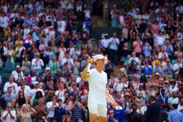 Mandatory Credit: Photo by Javier Garcia Shutterstock (14003010en) Jannik Sinner celebrates victory in his fourth round match Wimbledon Tennis Championships, Day 7, The All England Lawn Tennis and Croquet Club, London, UK - 09 Jul 2023 Wimbledon Tennis Championships, Day 7, The All England Lawn Tennis and Croquet Club, London, UK - 09 Jul 2023  Copyright: xJavierxGarcia Shutterstockx 14003010en