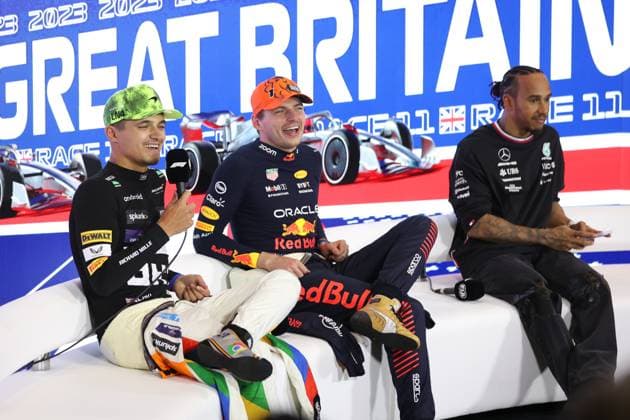 NORRIS Lando (gbr), McLaren F1 Team MCL60, VERSTAPPEN Max (ned), Red Bull Racing RB19, HAMILTON Lewis (gbr), Mercedes AMG F1 Team W14, portrait press conference, PK, Pressekonferenz during the 2023 Formula 1 Aramco British Grand Prix, 10th round of the 2023 Formula One World Championship, WM, Weltmeisterschaft from July 7 to 9, 2023 on the Silverstone Circuit, in Silverstone, United Kingdom - F1 - BRITISH GRAND PRIX 2023 - RACE DPPI Panoramic 00123025_AV6_0171