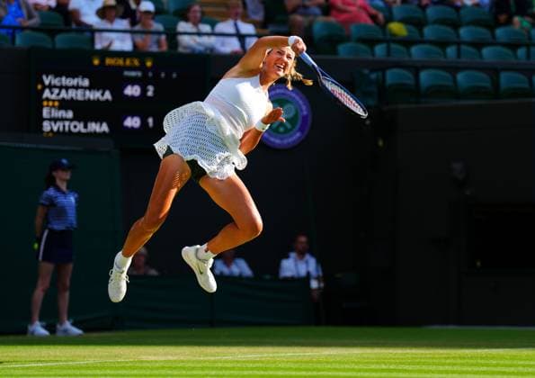 Mandatory Credit: Photo by Javier Garcia Shutterstock (14003010fp) Victoria Azarenka serving during her fourth round match Wimbledon Tennis Championships, Day 7, The All England Lawn Tennis and Croquet Club, London, UK - 09 Jul 2023 Wimbledon Tennis Championships, Day 7, The All England Lawn Tennis and Croquet Club, London, UK - 09 Jul 2023  Copyright: xJavierxGarcia Shutterstockx 14003010fp