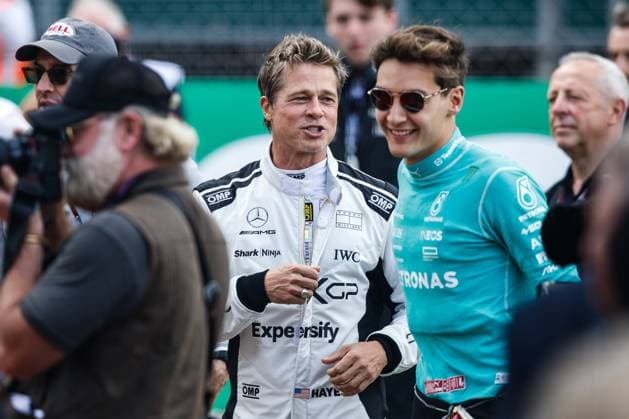 Brad Pitt (USA), 63 George Russell (GBR, Mercedes-AMG Petronas F1 Team), F1 Grand Prix of Great Britain at Silverstone Circuit on July 9, 2023 in Silverstone, Great Britain. (Photo by HOCH ZWEI) Silverstone Great Britain