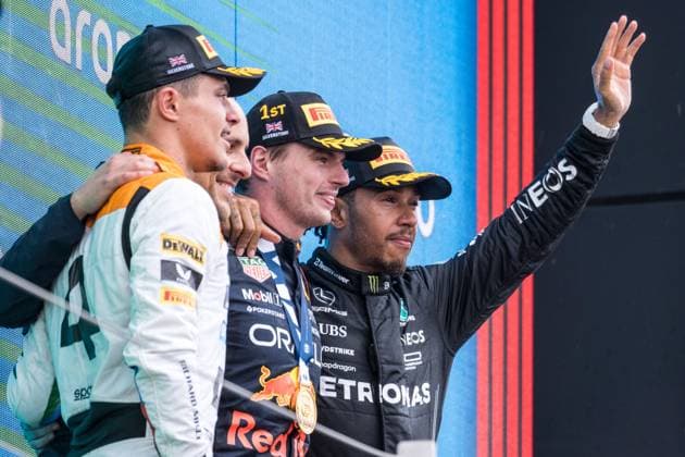 Max Verstappen (NED, Oracle Red Bull Racing 1), Lando Norris (UK, McLaren F1 Team 4), Lewis Hamilton (UK, Mercedes AMG Petronas F1 Team 44) Grosser Preis von Grossbritannien, Silverstone, Motorsport, Formel 1, 09.07.2023 Grosser Preis von Grossbritannien, Silverstone, Motorsport, Formel 1, 09.07.2023 Towcester Copyright: xEibner-Pressefoto MarkoxKnabx EP_EER