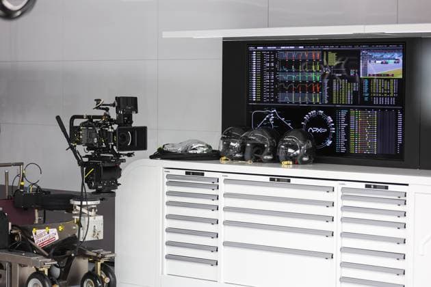 Camera and film gear in the garage APEX APXGP fictional team for the F1 movie by Apple Studios Bruckheimer Films, illustration during the 2023 Formula 1 Aramco British Grand Prix, 10th round of the 2023 Formula One World Championship, WM, Weltmeisterschaft from July 7 to 9, 2023 on the Silverstone Circuit, in Silverstone, United Kingdom - F1 - BRITISH GRAND PRIX 2023 - RACE DPPI Panoramic  00123025_AV6_7888 