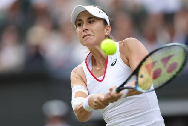Belinda Bencic, SUI, during fourth round of 2023 All England Lawn Tennis Championships at Wimbledon, womens singles, London, 09 07 2023; -