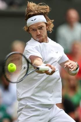 Wimbledon: Day Seven 9 July 2023, Wimbledon - Wimbledon Tennis Championships - Day Seven - Andrey Rublev returns the ball with a forehand - Photo: Charlotte Wilson Offside. Wimbledon UK Copyright: xCharlottexWilsonx xOffsidexOffside