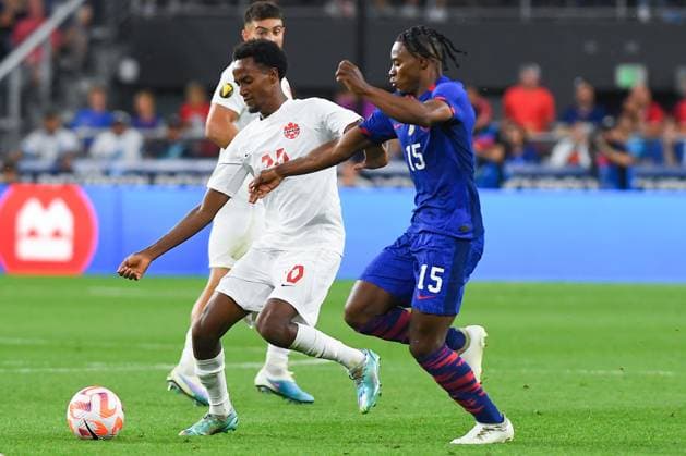 RECORD DATE NOT STATED 2023 CONCACAF Gold Cup United States vs Canada (L-R), Ali Ahmed of USA and Dejuan Jones of Canada during the game United States (USA) vs Canada corresponding to Quarterfinals of the CONCACAF Gold Cup 2023, at TQL Stadium, on July 09, 2023. <br><br> (I-D), Ahmed Ali de USA y Dejuan Jones de Canada durante el partido Estados Unidos (EUA) vs Canada, correspondiente a cuartos de Final de la Copa Oro de la CONCACAF 2023, en el TQL Stadium, el 09 de Julio de 2023. CINCINNATI OHIO ESTADOS UNIDOS  Copyright: xJONATHANxDUENASx 20230709203221_CGC_23_CF_USA_CAN_AHMED104