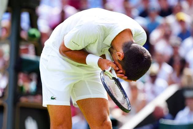 Mandatory Credit: Photo by Javier Garcia Shutterstock (14003748cm) Novak Djokovic frustrated during his fourth round match Wimbledon Tennis Championships, Day 8, The All England Lawn Tennis and Croquet Club, London, UK - 10 Jul 2023 Wimbledon Tennis Championships, Day 8, The All England Lawn Tennis and Croquet Club, London, UK - 10 Jul 2023  Copyright: xJavierxGarcia Shutterstockx 14003748cm