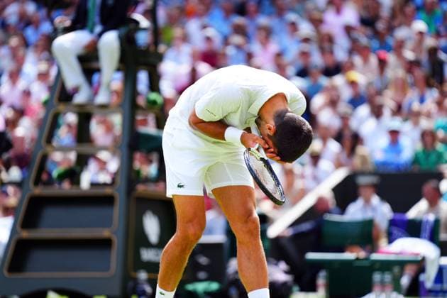 Mandatory Credit: Photo by Javier Garcia Shutterstock (14003748co) Novak Djokovic frustrated during his fourth round match Wimbledon Tennis Championships, Day 8, The All England Lawn Tennis and Croquet Club, London, UK - 10 Jul 2023 Wimbledon Tennis Championships, Day 8, The All England Lawn Tennis and Croquet Club, London, UK - 10 Jul 2023  Copyright: xJavierxGarcia Shutterstockx 14003748co