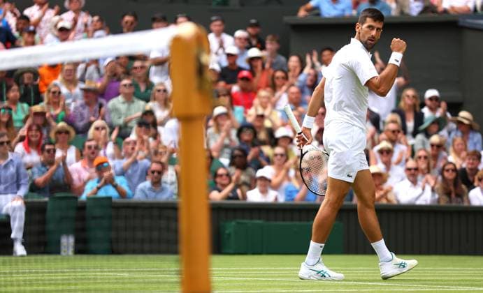 Mandatory Credit: Photo by Ella Ling Shutterstock (14003751cv) Novak Djokovic celebrates against Hubert Hurkacz Wimbledon Tennis Championships, Day 8, The All England Lawn Tennis and Croquet Club, London, UK - 10 Jul 2023 Wimbledon Tennis Championships, Day 8, The All England Lawn Tennis and Croquet Club, London, UK - 10 Jul 2023  Copyright: xEllaxLing Shutterstockx 14003751cv