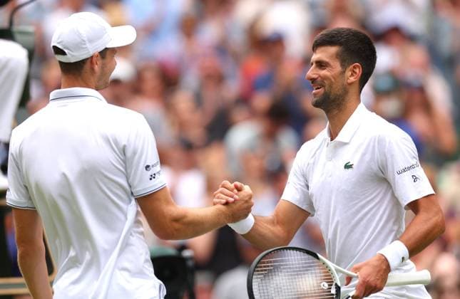 Mandatory Credit: Photo by Ella Ling Shutterstock (14003751dk) Novak Djokovic shakes hands with Hubert Hurkacz after their match Wimbledon Tennis Championships, Day 8, The All England Lawn Tennis and Croquet Club, London, UK - 10 Jul 2023 Wimbledon Tennis Championships, Day 8, The All England Lawn Tennis and Croquet Club, London, UK - 10 Jul 2023  Copyright: xEllaxLing Shutterstockx 14003751dk