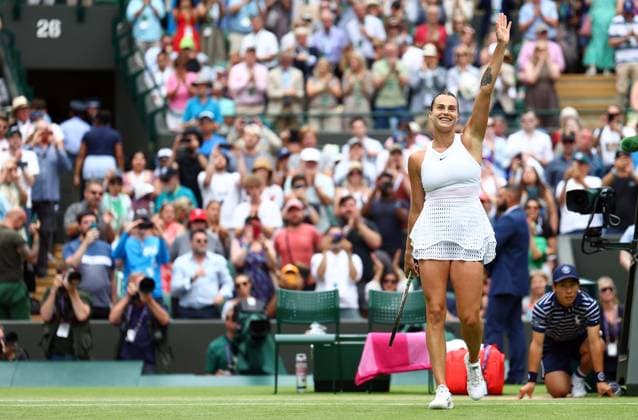 Mandatory Credit: Photo by Simon Dael Shutterstock (14003752ch) Aryna Sabalenka celebrates victory against Ekaterina Alexandrova Wimbledon Tennis Championships, Day 8, The All England Lawn Tennis and Croquet Club, London, UK - 10 Jul 2023 Wimbledon Tennis Championships, Day 8, The All England Lawn Tennis and Croquet Club, London, UK - 10 Jul 2023  Copyright: xSimonxDael Shutterstockx 14003752ch