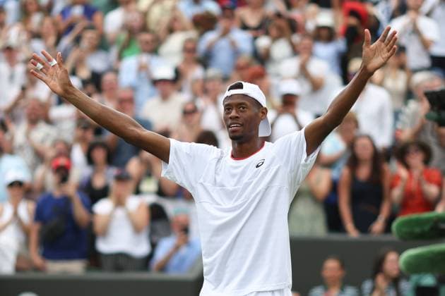 Wimbledon: Day Eight 10 July 2023, Wimbledon - Wimbledon Tennis Championships - Day Eight - Christopher Eubanks (USA) celebrates during his Gentlemen s Singles Round of 16 match against Stefanos Tsitsipas (GRC) - Photo: Charlotte Wilson Offside. Wimbledon UK Copyright: xCharlottexWilsonx xOffsidexOffside