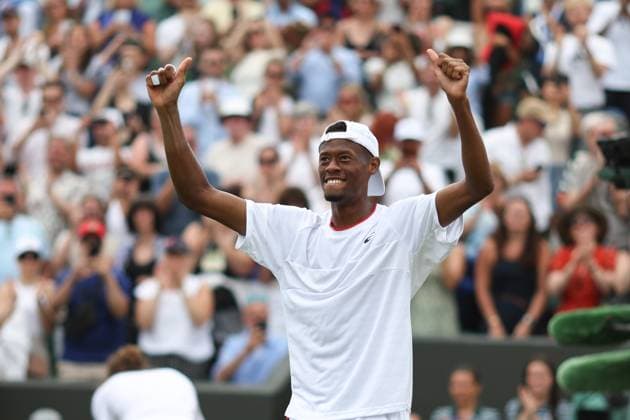 Wimbledon: Day Eight 10 July 2023, Wimbledon - Wimbledon Tennis Championships - Day Eight - Christopher Eubanks (USA) celebrates during his Gentlemen s Singles Round of 16 match against Stefanos Tsitsipas (GRC) - Photo: Charlotte Wilson Offside. Wimbledon UK Copyright: xCharlottexWilsonx xOffsidexOffside
